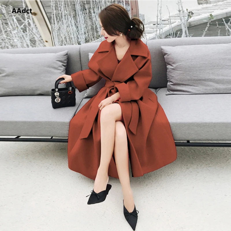 AAdct 2018 Autumn and winter new Korean women's coat long lapels female blends coat waist waist coat to send belt Coats