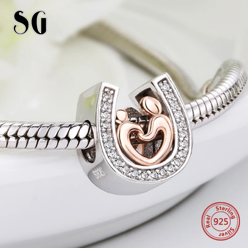 Серебро 925 Подкова CZ Талисманы DIY мамы и сына рука об руку Бусины Fit оригинальный браслет Pandora Подвеска ювелирных изделий подарки Серебро 925 Подкова CZ Талисманы DIY мамы и сына рука об руку Бусины Fit оригинальный браслет Pandora Подвеска ювелирных изделий подарки