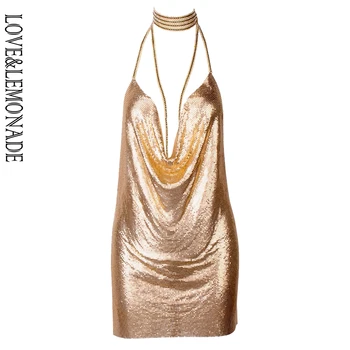 

LOVE & LEMONADE Halter Metal Party Dress Gold LM80868