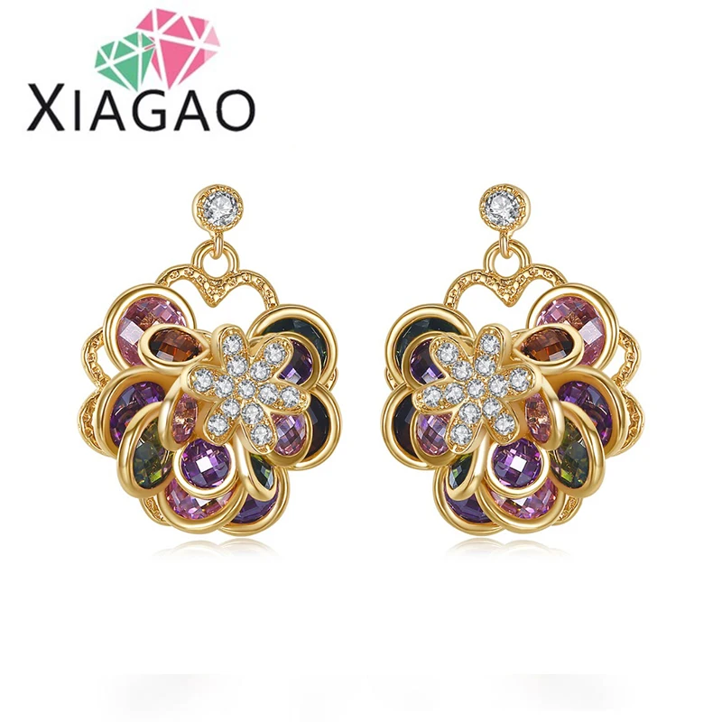 

XIAGAO Flower Stacked Stud Earrings for Women Multicolor AAA Cz Stone Princess-cut Gold-color Jewelry Party