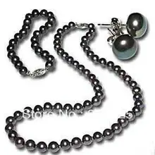 SHIPPING8-9mm Черный Тайский жемчуг ожерелье браслет серьги 1 комплект