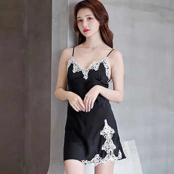 

Sexy Satin Sleepwear Nightwear Ice silk dress Lace Tirm Nightdress nightgown nightie Homewear
