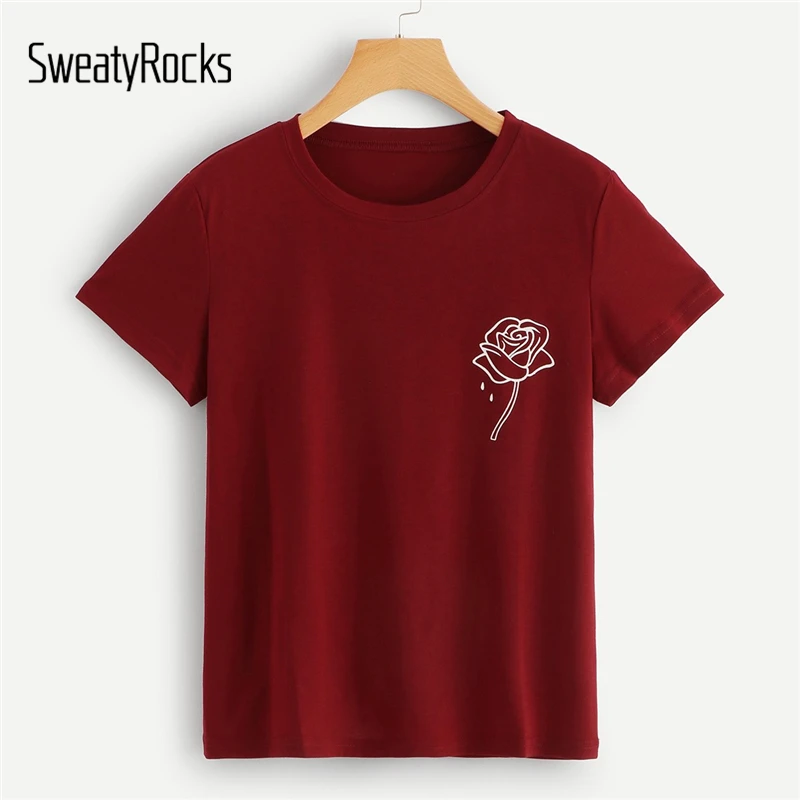 

SweatyRocks Burgundy Rose Print Tee Streetwear Short Sleeve Fashion T-shirt 2019 Summer Casual Women Basics Tops