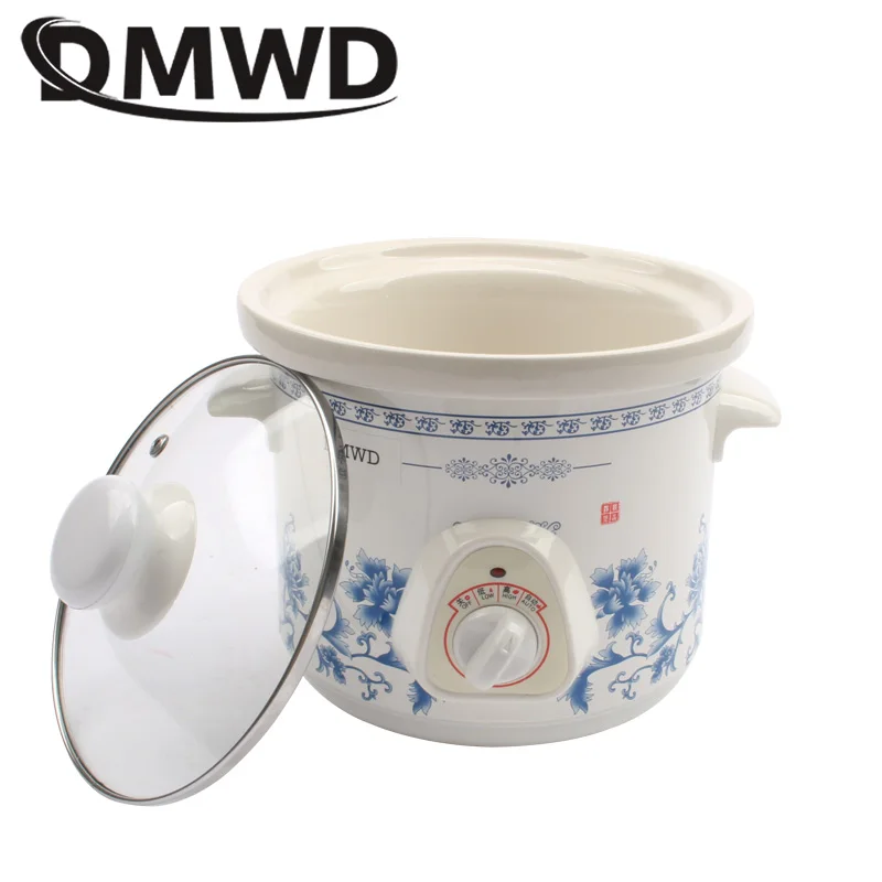 DMWD 1.5L Household Electric Mini Slow Cooker Mechanical/Smart Timer Stewing Soup Porridge Pot Ceramic Linner Food Cooking Maker