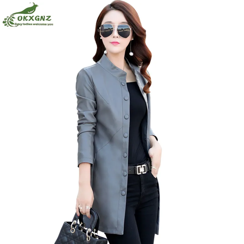 

Spring autumn new women PU leather jacket leather clothing female medium long section Slim collar leather large size jacket OKXG