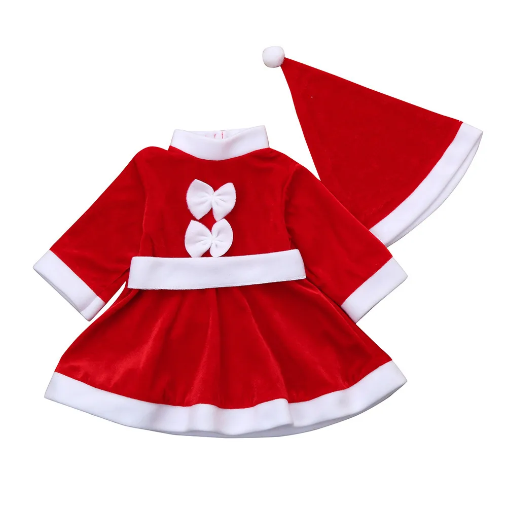 Для детей ясельного возраста детская одежда для рождественских праздников зимняя Детский костюм бантом Платья для вечеринок+ Шляпа теплая одежда