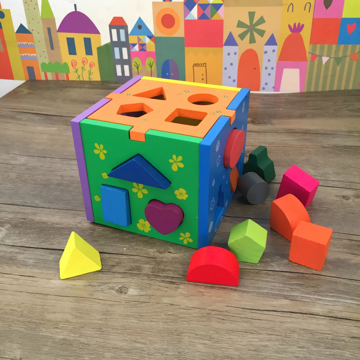 

1PC Wooden Thirteen Holes Intelligence Box Geometric Shape Building Blocks Color Shape Cognitive Early Learning Educational Toys