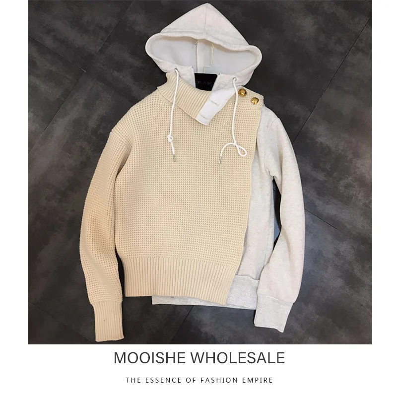 

Shoulder Button Patchwork Knit Pullover Hooded Hoodies Tops