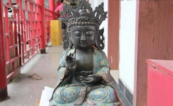 

USPS to USA S0782 17 Tibet Mark Old Bronze Copper Cloisonne Tathagata Amitabha RuLai Buddha Statue