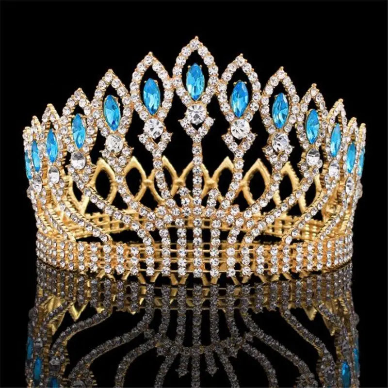 Барокко Диадема горный хрусталь королева король диадема невесты корона ювелирные изделия головной убор свадебные диадемы и короны аксессуары для волос - Окраска металла: Gold sky blue