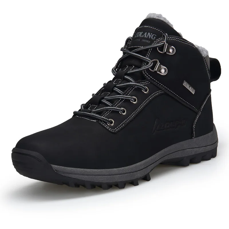 

CHAISHOU winter fashion man shoes PU lace-up warm high to help Snow boot black plus size Faux Suede Flat Martin boots round toe