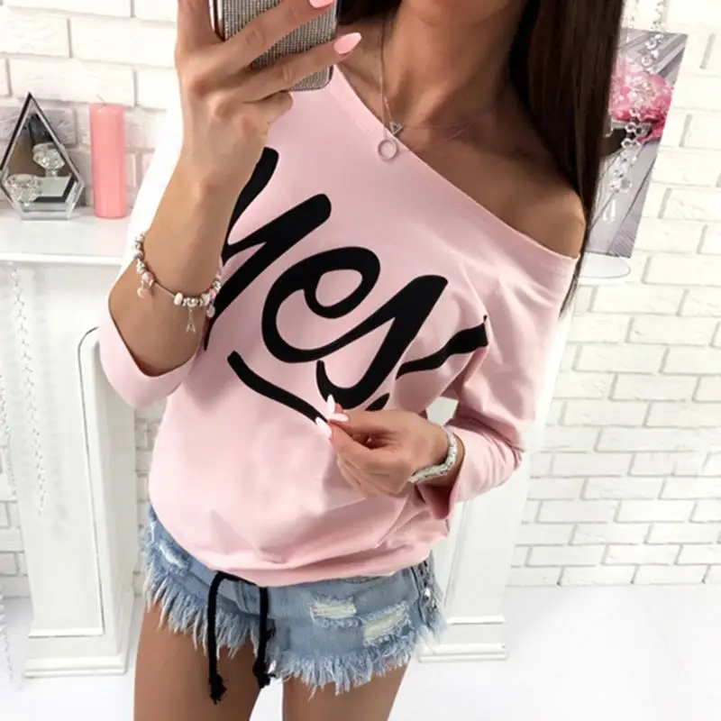 

Women T-Shirt Autumn Printed Letters Blusas Fashion Off Shoulder Tops 3/4 Sleeve Loose Tee Femme T Shirt WS2198C
