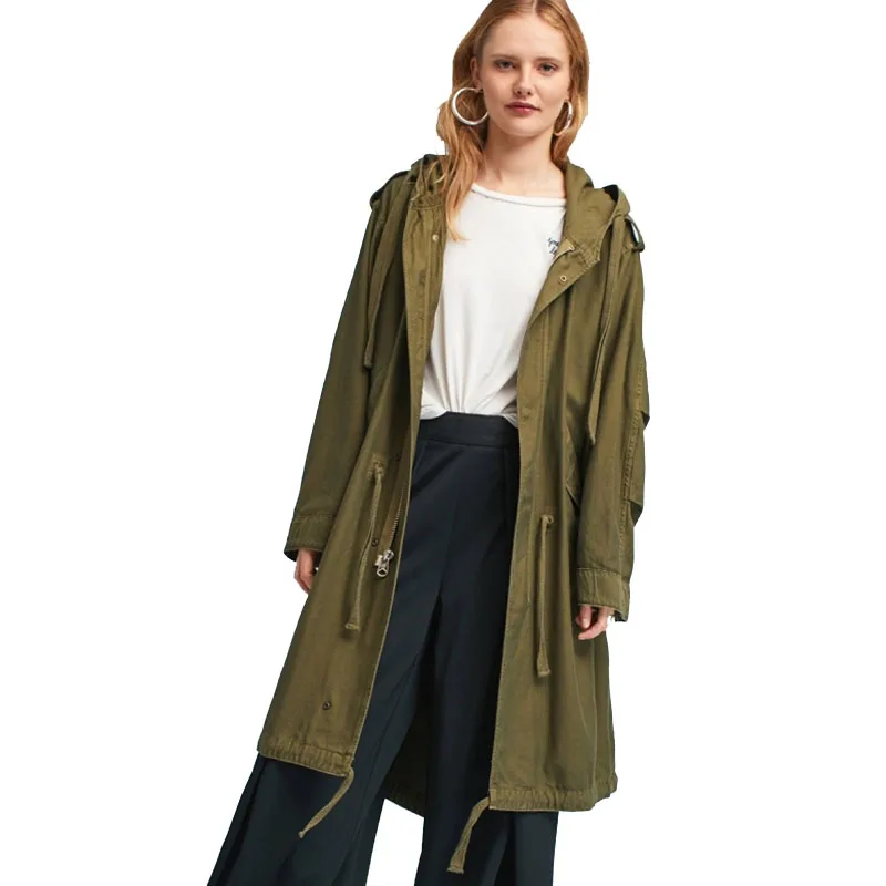 Zhizaolian Winter Autumn Trench Coat Hooded Drawstring Waist Cotton
