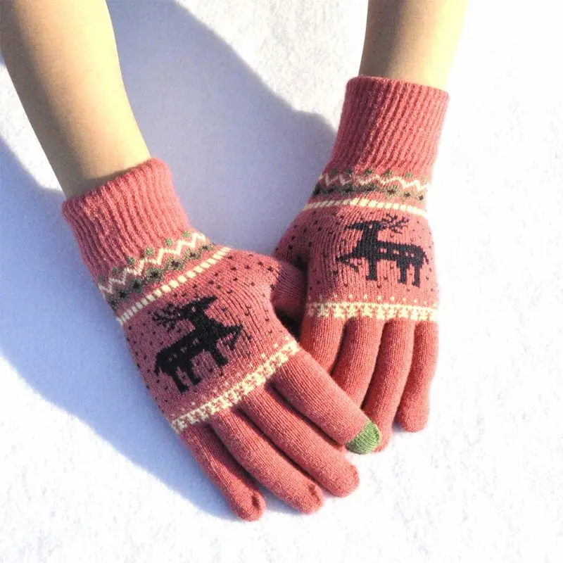 

Women Girls Winter Thickened Knitted Full Fingered Gloves Cute Christmas Reindeer Touch Screen Mittens Candy Color Dec-12A