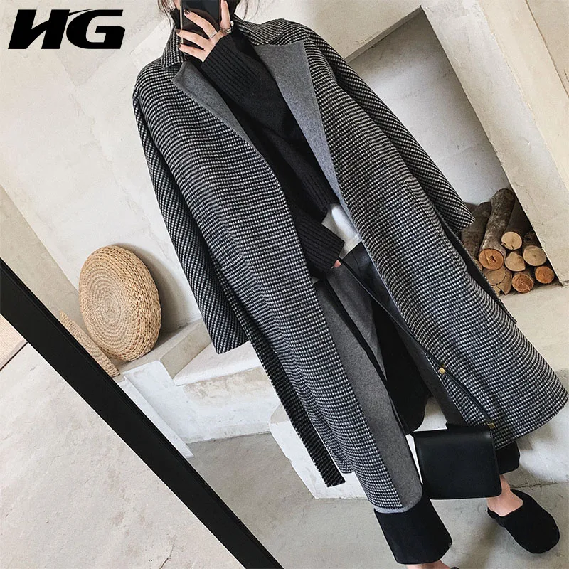 Casual Collar Dll1272 Femmes Manches Corée Plaid 2018 hg Pleine See Picture down Hiver De Manteau Rétro Mélange Nouvelles Long Turn Tempérament Mode qzFH6F