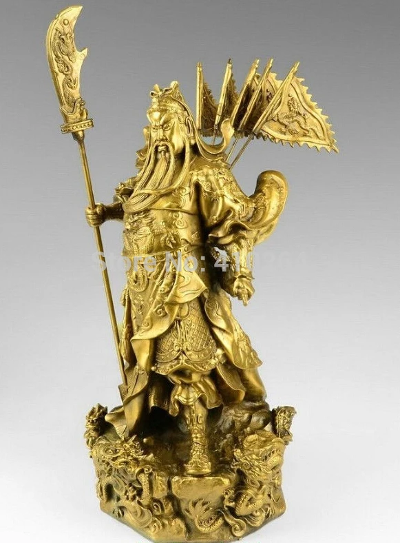 

Chinese bronze brass Nine Dragon Warrior Guan Gong/ Yu Statue Figure Yellow