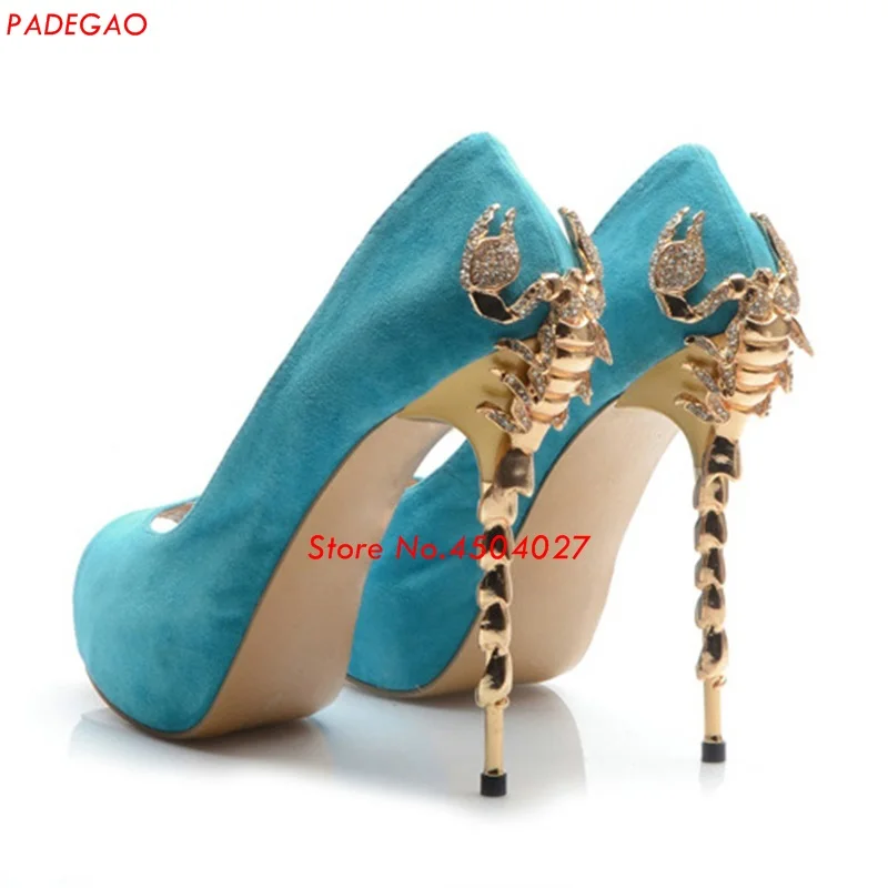 

Sexy scorpion metal High heel Wedding Shoes Woman Blue Red Black Peep Toe Pumps Platform Stiletto Heel Shoes