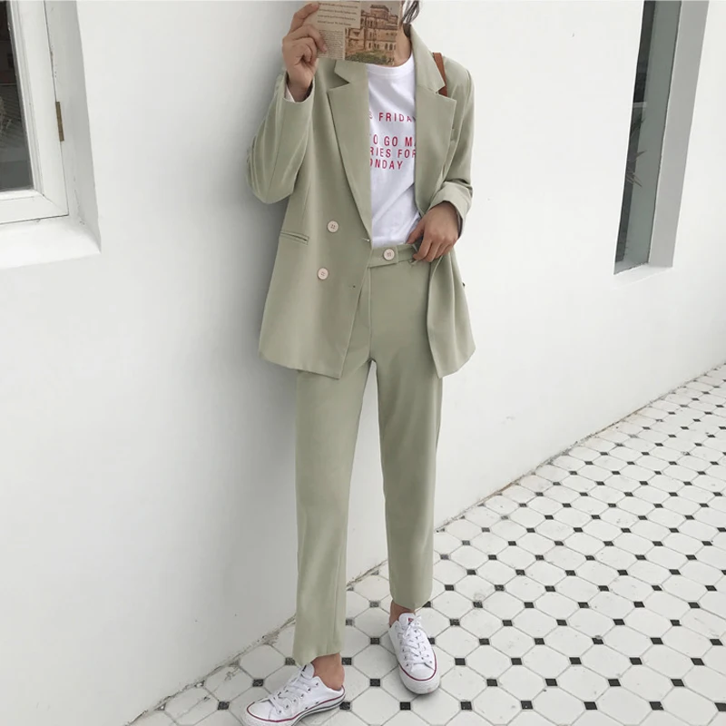 Vintage Double Breasted Women Pant Suit Light Green Notched Blazer Jacket & High Waist Pant 2019 Spring Office Wear Women Suits Vintage Double Breasted Women Pant Suit Light Green Notched Blazer Jacket & High Waist Pant 2019 Spring Office Wear Women Suits