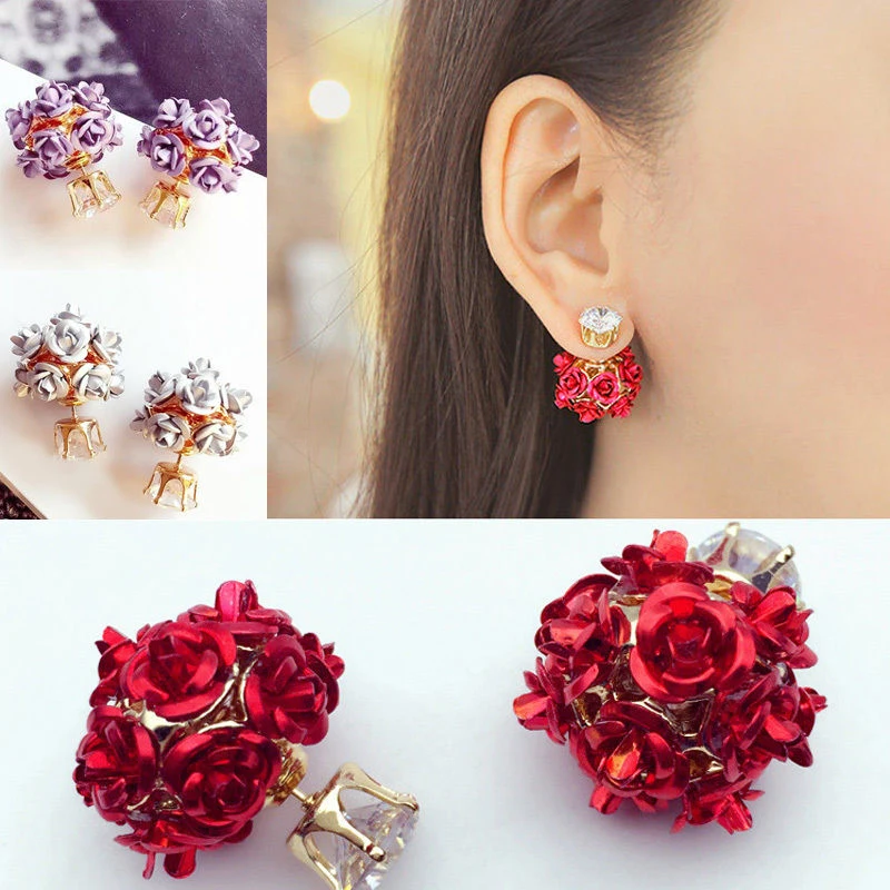Shellhard Crystal Earring Femme Brincos Elegant Womens Double Sided Rose Flower Stud Earrings Fashion Jewelry Gift
