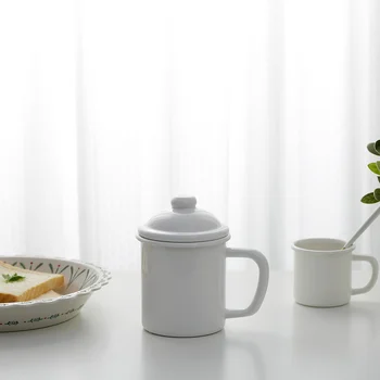 

Japanese style thickening porcelain enamel white cup milk office mug cup with lid water cup Nordic style instant noodles pot