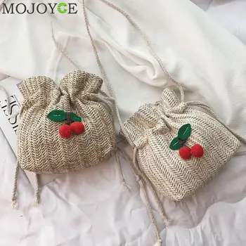 

Girls Small Casual Straw Cherry Bucket Crossbody Shoulder Bags Women Wild Summer Beach Drawstring Pouch Fashion Messenger Bags