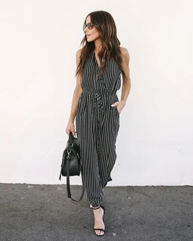 

New Fashion Women OL Jumpsuit Sleeveless Striped Printed Ladies Jumpsuit Summer Fashion V neck Rompers Trousers