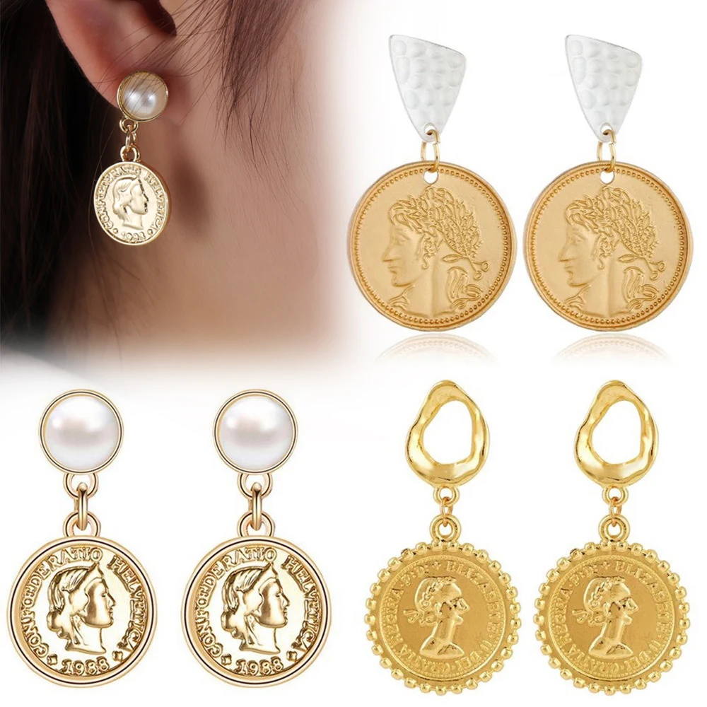 

Gold Geometric Irregular Circle Natural Freshwater Pearl Drop Earrings Coin portrait Earring Korea Earrings For Women Girl Gift