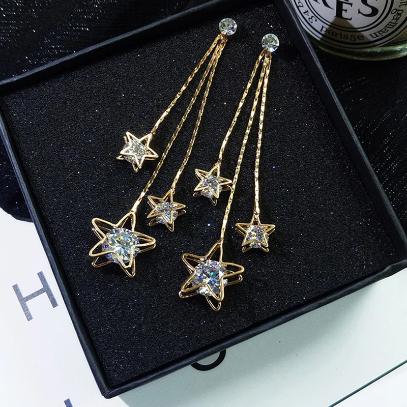 New Fashion  Unique Hollow Five-Pointed Star Crystal Jewelry Long Statement Silver Gold Color Tassel Drop Earrings for Women
