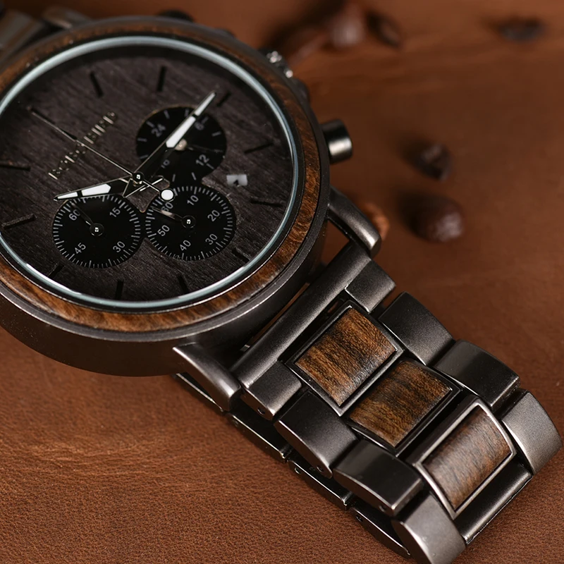 BOBO BIRD Chronograph Men Watch Wooden Luxury Stainless Steel Quartz Wristwatches with Calendar erkek kuvars saatler