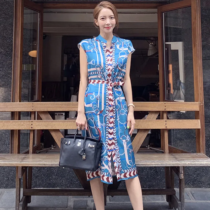 

High Quality Designer Runway Printed Single-breasted Women Summer Beach Dress Fashion Elegant Bandage OL Style Vintage Dress