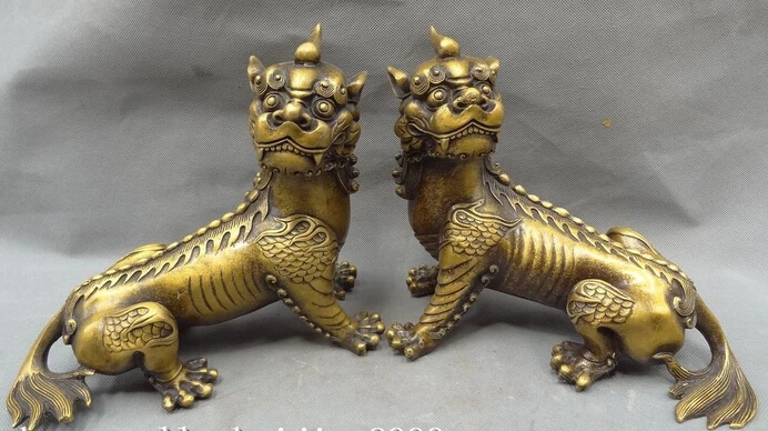 

009004 9" Chinese Bronze FengShui Protect Kylin Unicorn Lion Head Statue Pair Sculpture