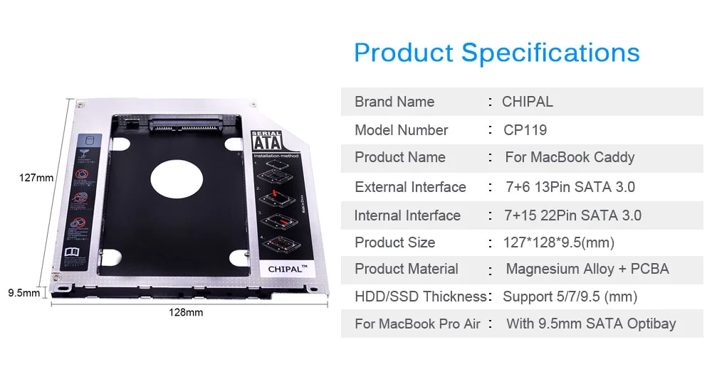 CHIPAL 2nd HDD Caddy 9.5mm 9mm SATA 3.0 2.5'' SSD Case HD Enclosure for Apple Macbook Pro Air 13" 15" 17" SuperDrive Optical Bay