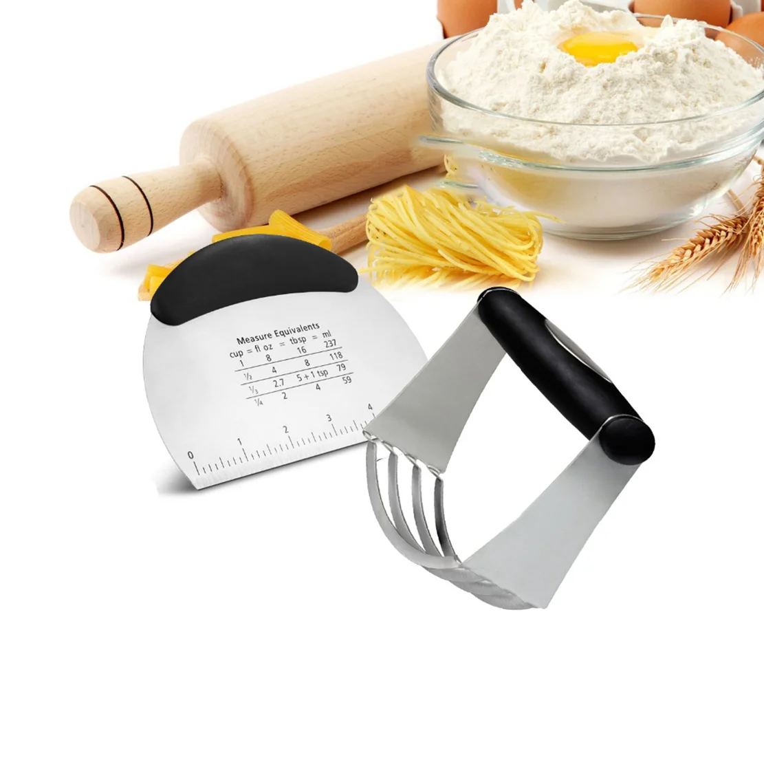 

ERMAKOVA 2-Pieces Dough Blender Stainless Steel Pastry Cutter Set Bench Scraper Baking Dough Tools