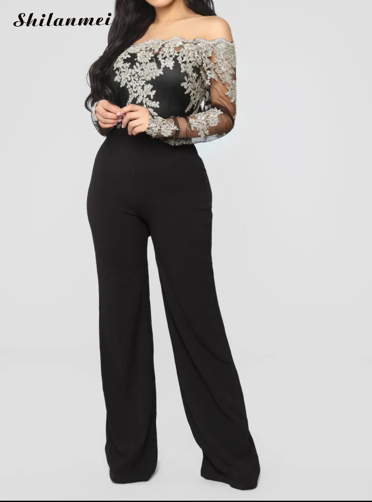 Аппликация кружевной комбинезон лоскутный женский сексуальный с открытыми плечами летние элегантные облегающие широкие брюки комбинезон