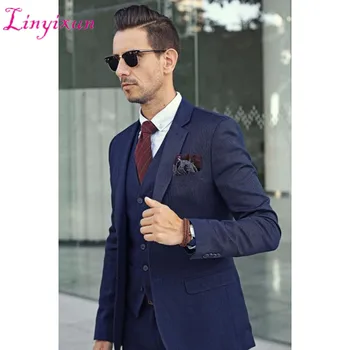 

Linyixun 2019 Navy Blue Italian Style Tuxedo 3 Pieces Men Suits High Quality Notch Lapel Business Men Office Suit