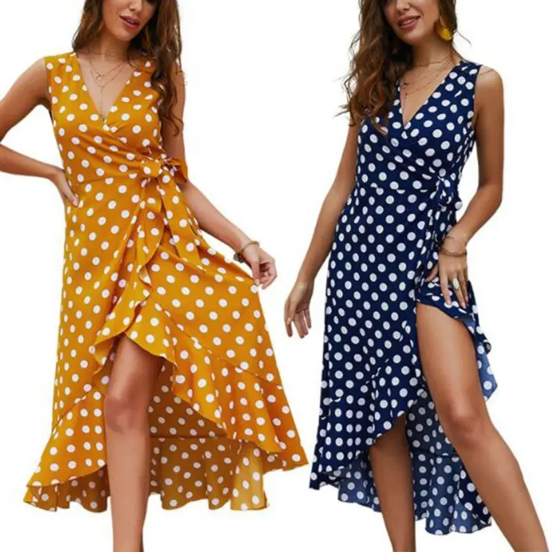 

Women Ladies Vintage Spotted Dotted Dots V Neck Sleevepelss Split Ruffled Hem Holiday Summer Beach Midi Irregular Dress Sundress