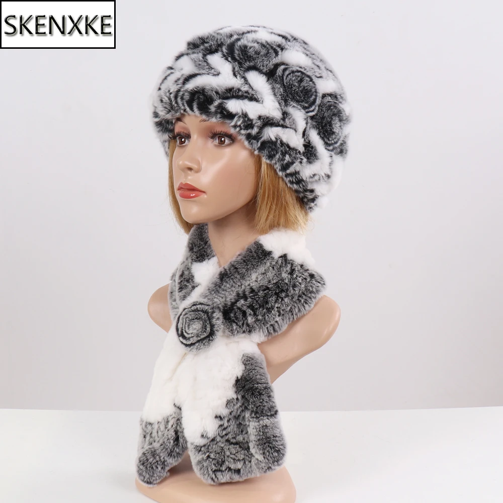 

New Winter Rex Rabbit Fur Hats Scarves Women Fashion 100% Genuine Knitted Fur Caps Scarves Sets Lady Warm Real Fur Hat Muffler
