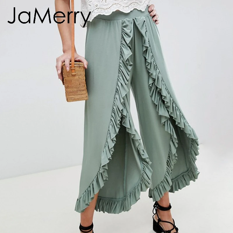 JaMerry 2019 винтажные расклешенные брюки с оборками Женские Асимметричные высокой