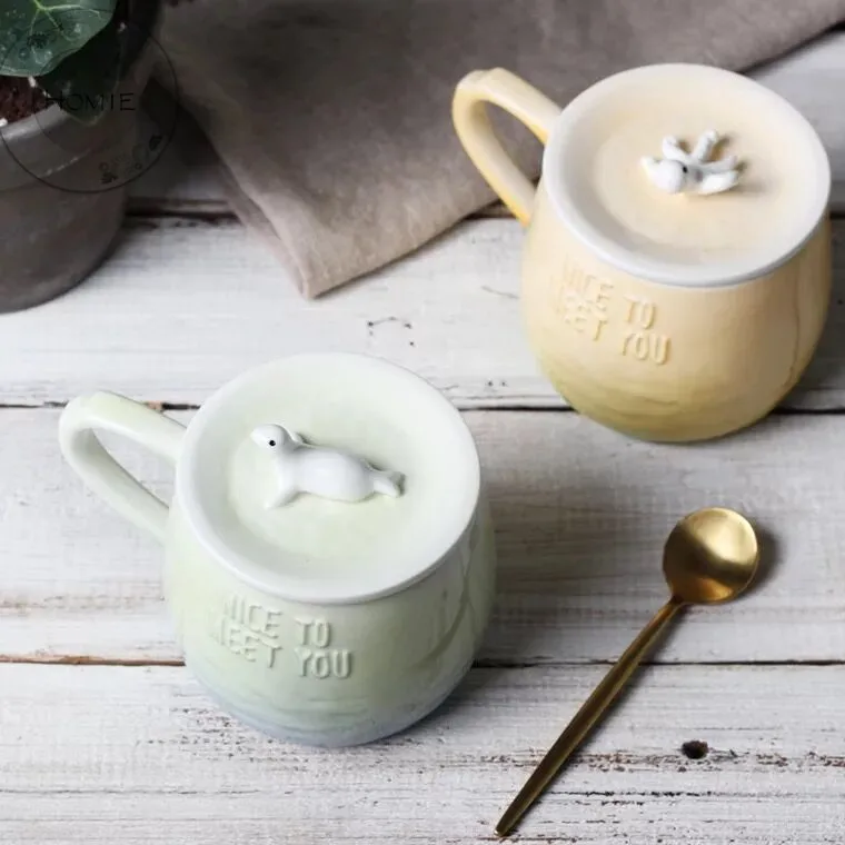 HOMIE lovely Gradient animal Cup Coffee Mug Large 300ml Whale With lid Mugs creative Drinkware Tea milk Cup Novelty Newlywed couple10