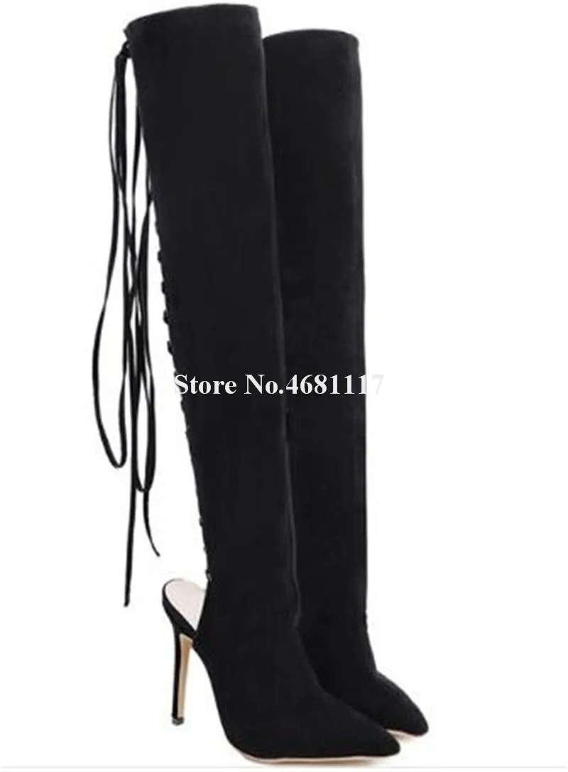 Western Sexy Genou out Talons Daim À Talon Style Bottes Retour Lacets Gladiateur Cut Cuir Pointu En Mince Sur Bout Hauts Long ikuOPXwZlT