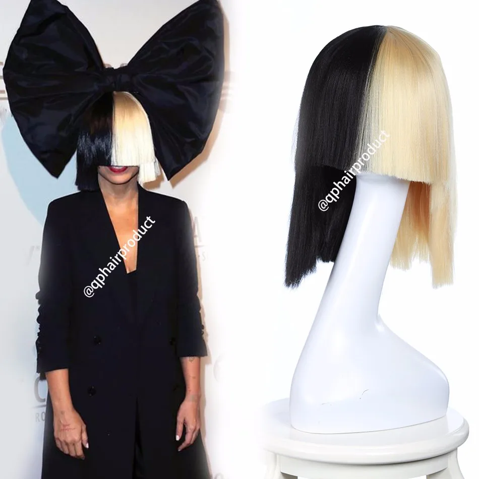 Blonde Sia wig Thick Blunt Bob Wig Top cosplay Women's Half Blonde and Black 2 Tone Hair Short Straight Cosplay Costume Wig