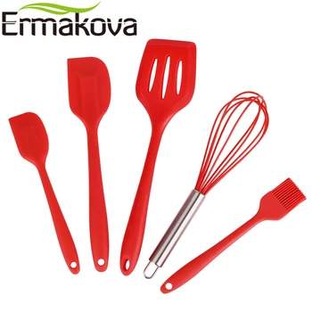 

ERMAKOVA 5 Pcs/Set Silicone Baking Utensil Set Heat-Resistant Non-stick Brush Spatula Turner Whisk Kitchen Pastry Utensils Red
