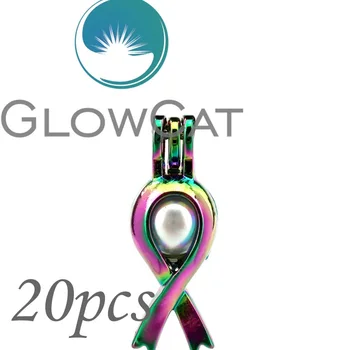 

GLOWCAT 20x CC285 Rainbow Colors Cancer Breast Ribbon Beads Cage Jewelry Making Essential Oil Diffuser Pearl Cage Locket Pendant