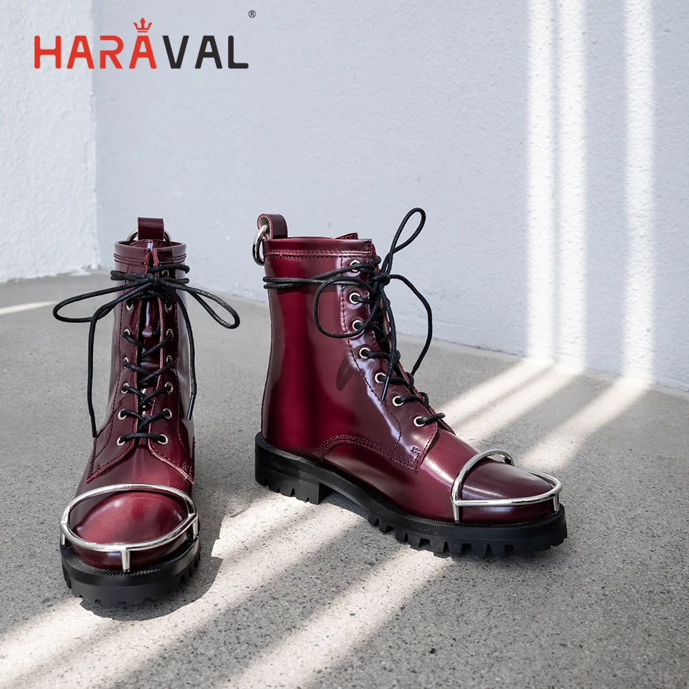 

HARAVAL Winter Fashion Women Ankle Boot Quality Genuine leather Round Toe Thick Heel Shoes Solid Lace-up Retro Martin Boots B182