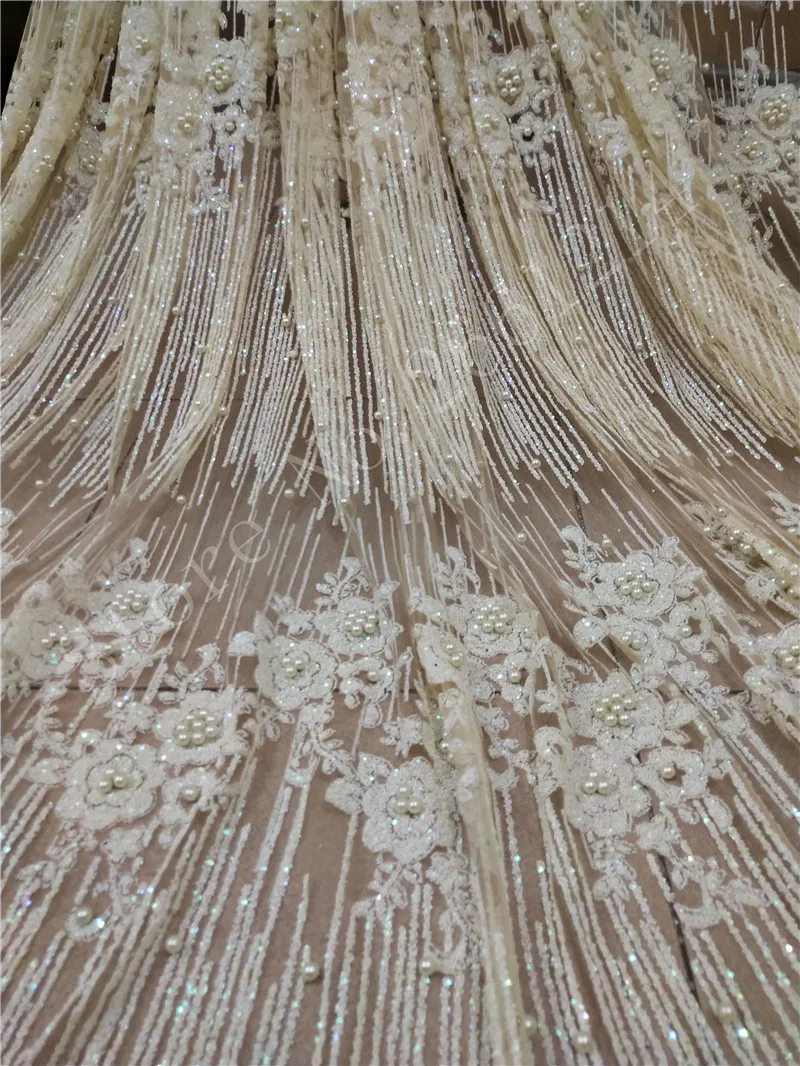 Клееный Блестящий тюль, сетка, ткань, клееный блеск, блестки, кружевная ткань, BZL-91107 с бусинами для вечернего платья кремового белого цвета