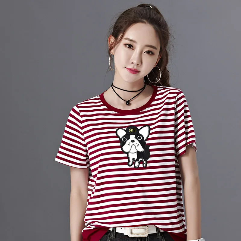 Cute Printed Lady Striped Cotton T Shirts Size M XL New Patchwork