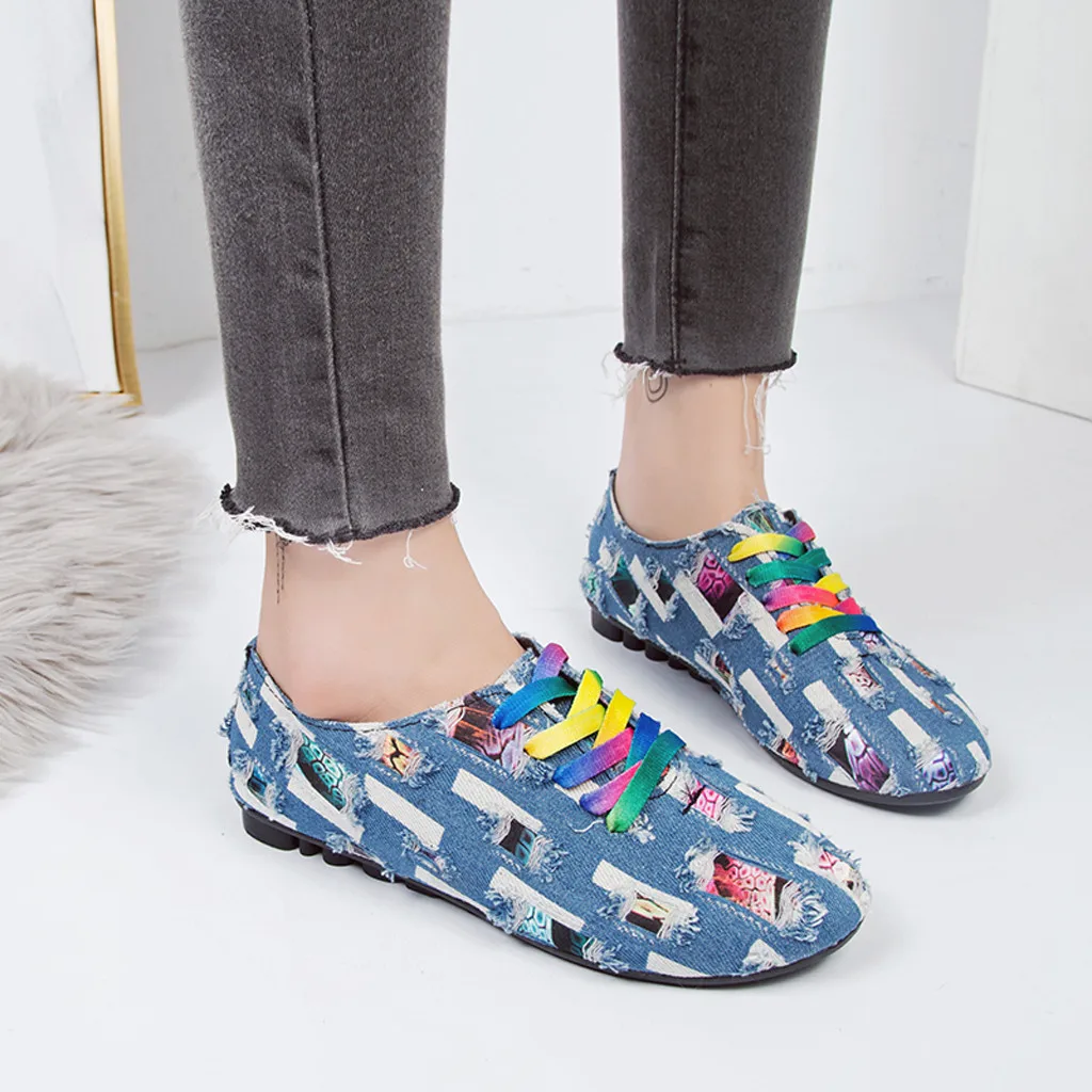 

scarpe donna Leisure Women's Low-Heeled Round Toe Denim Cloth Non-Slip Lace-Up Single Shoes chaussures femme zapatos mujer NEW