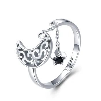 

Sterling silver s925 Hollow moon star ring opening adjustable ring Pentagram black zirconia cubic party wedding hand jewelry New