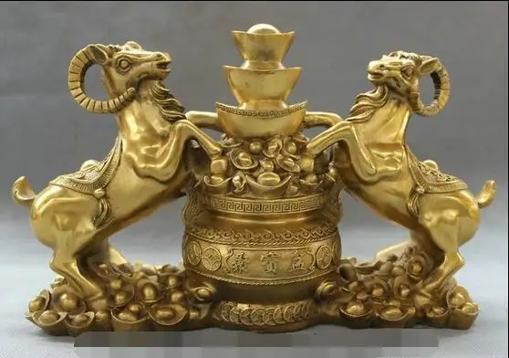 

free 15" Chinese Pure Brass Folk FengShui Wealth 2 Sheep Treasure Bowl Statue Animals fast
