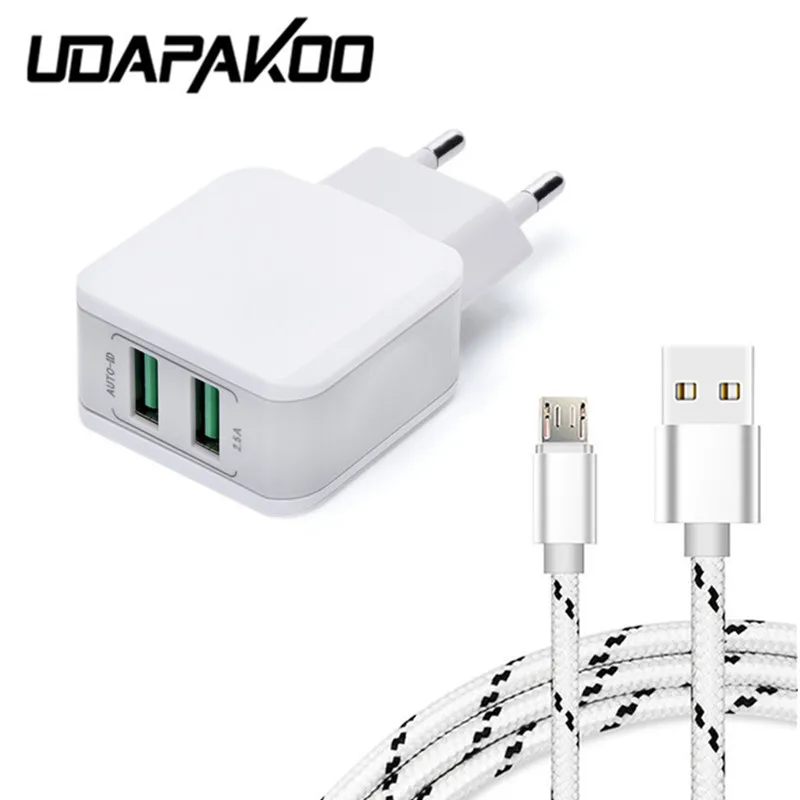 

5V 2.5A 2 USB port EU fast Adapter + 1m metal shell micro usb Charger For samsung Galaxy A6 J4 J6 Plus Redmi note 5 4x M6 M5 U20